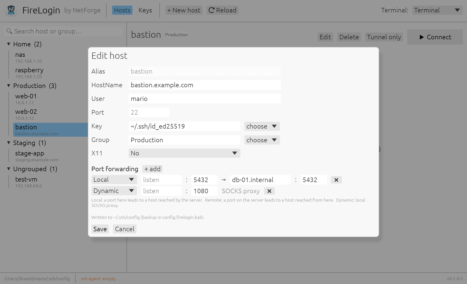 Editing a host: group, X11 and port forwards