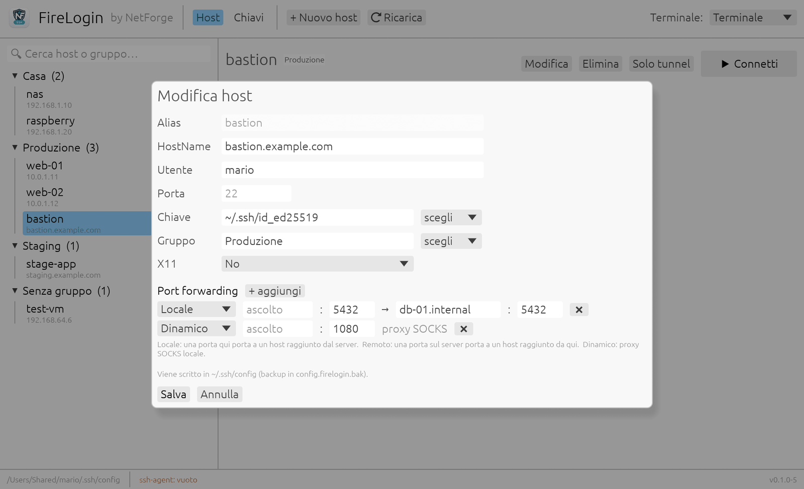 Modifica di un host: gruppo, X11 e inoltri