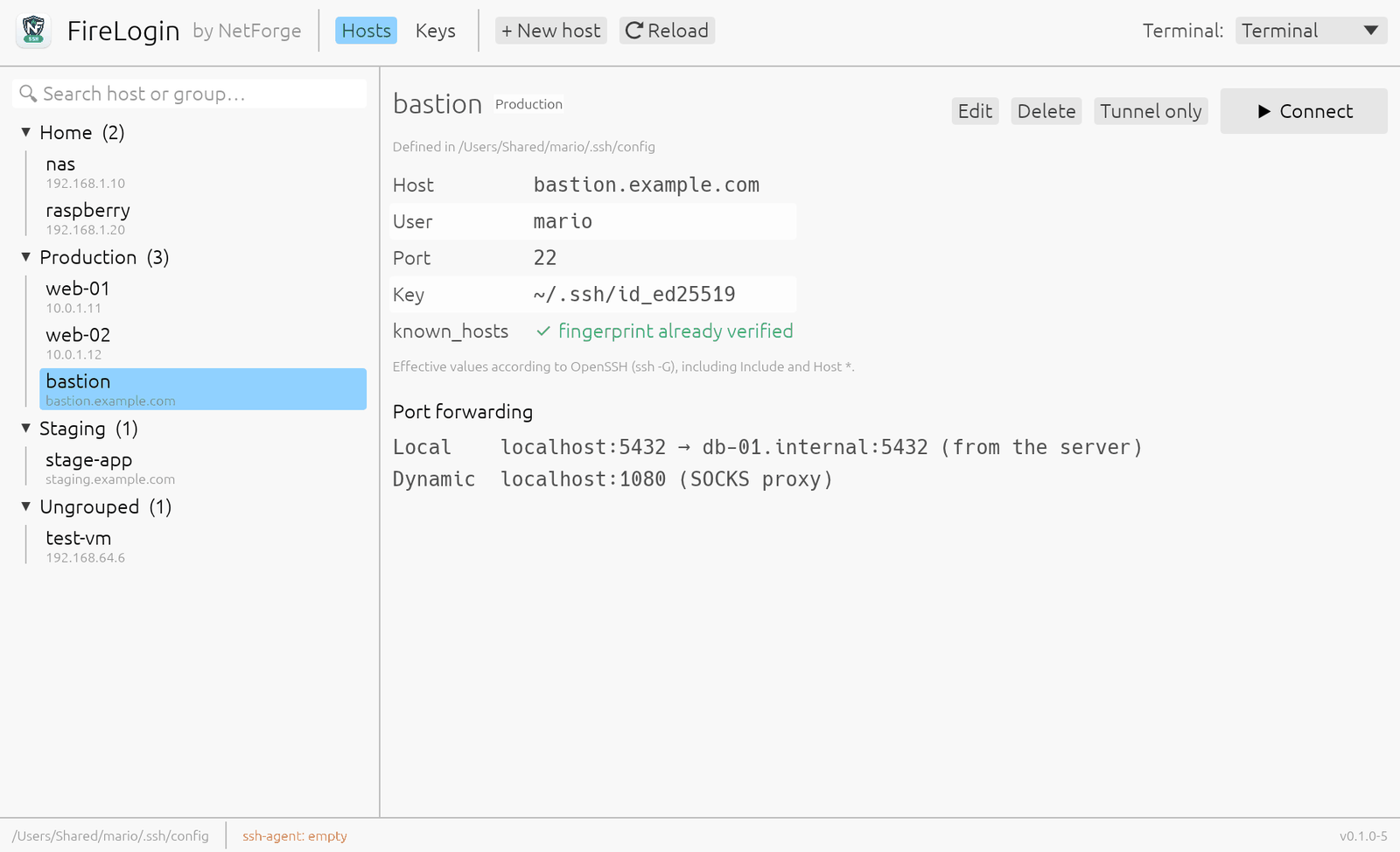 FireLogin: hosts organised in groups, details of the selected host and its port forwards