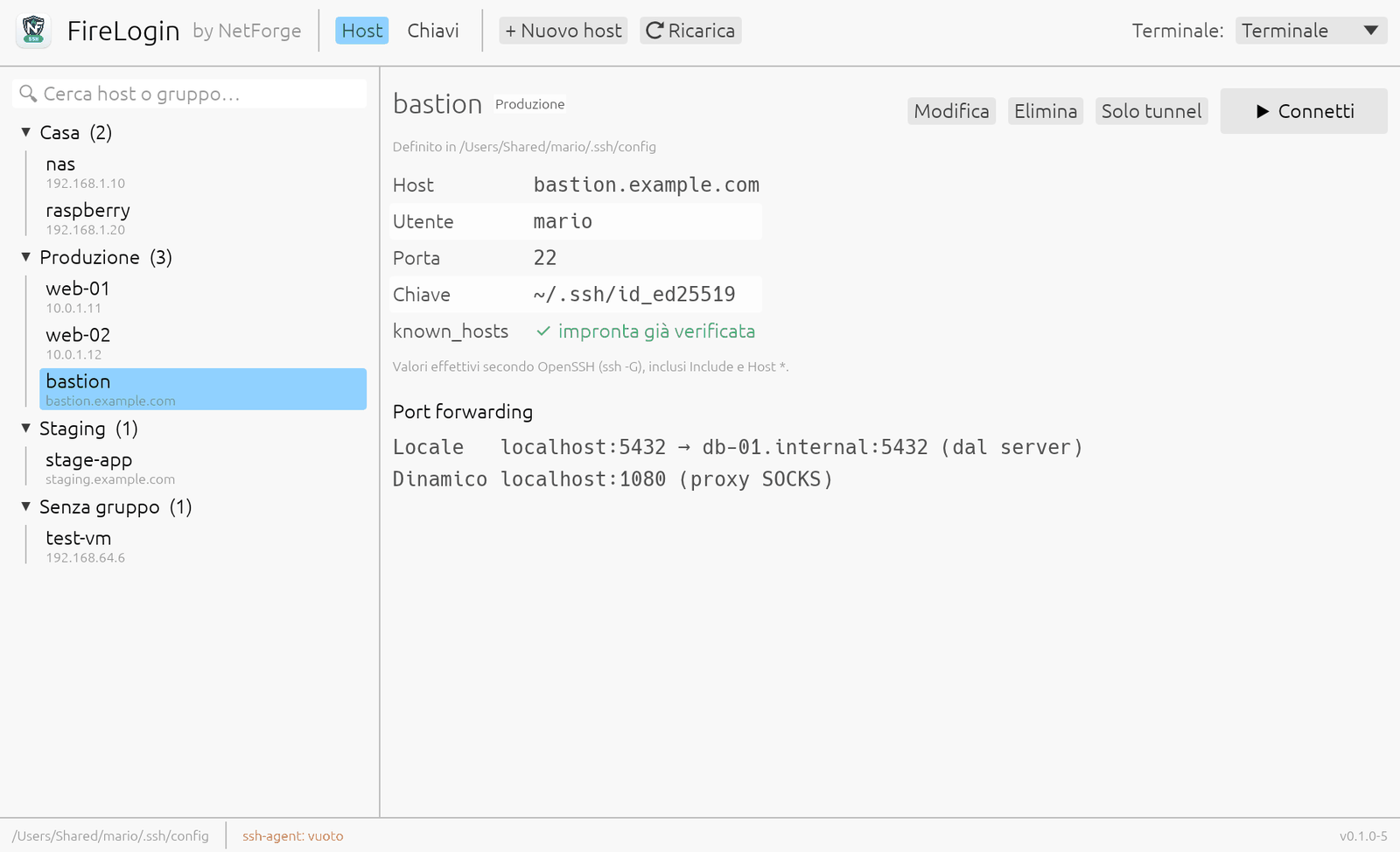FireLogin: host divisi in gruppi, dettagli dell'host selezionato e dei suoi inoltri